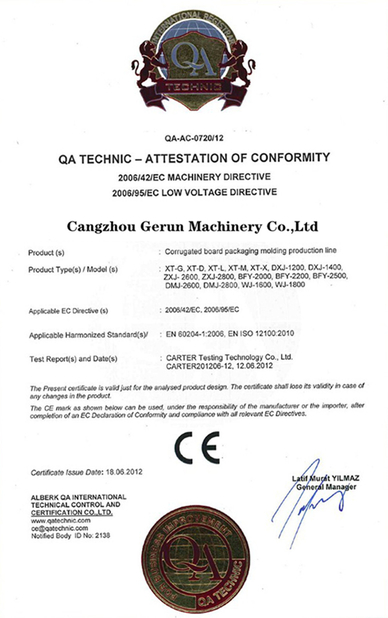 Chine Cangzhou Gerun Machinery Co.,Ltd certifications